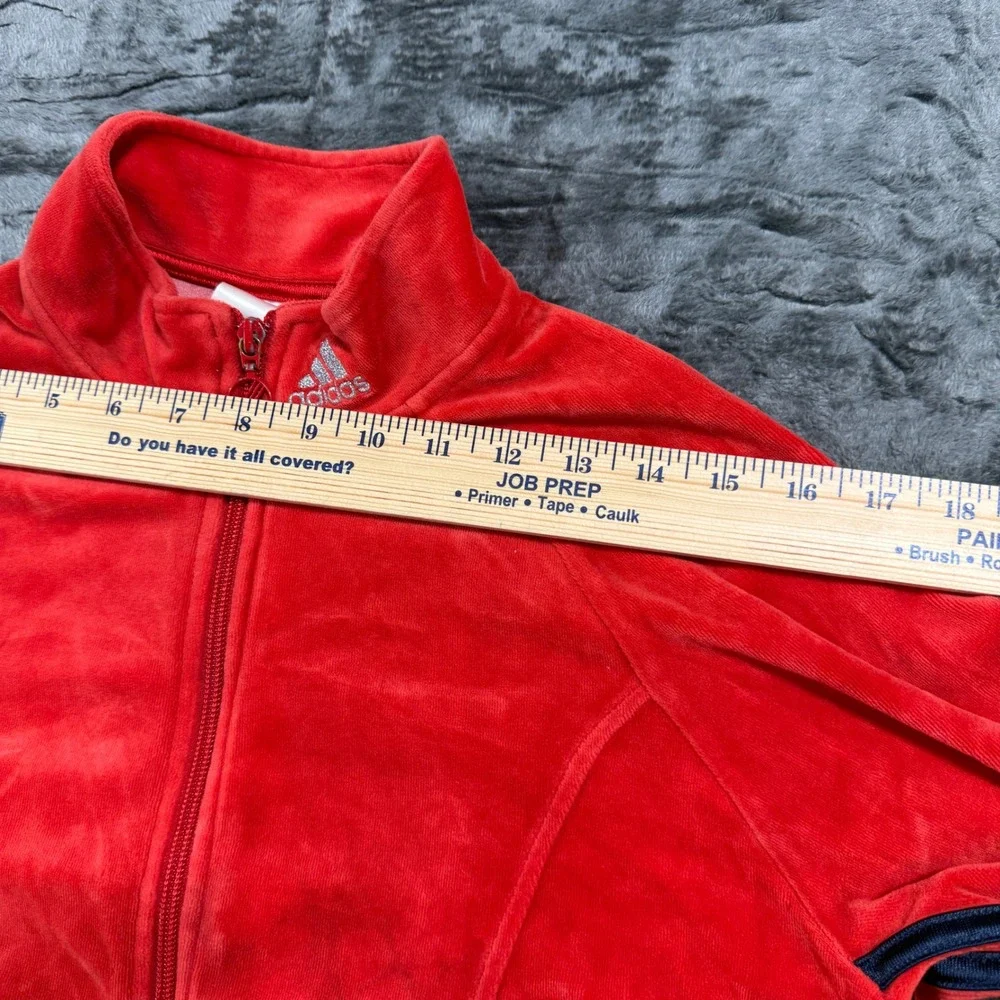 Adidas‎ Red Velour Track Jacket Full Zip Navy Stripes Womens Medium Y2K Sporty